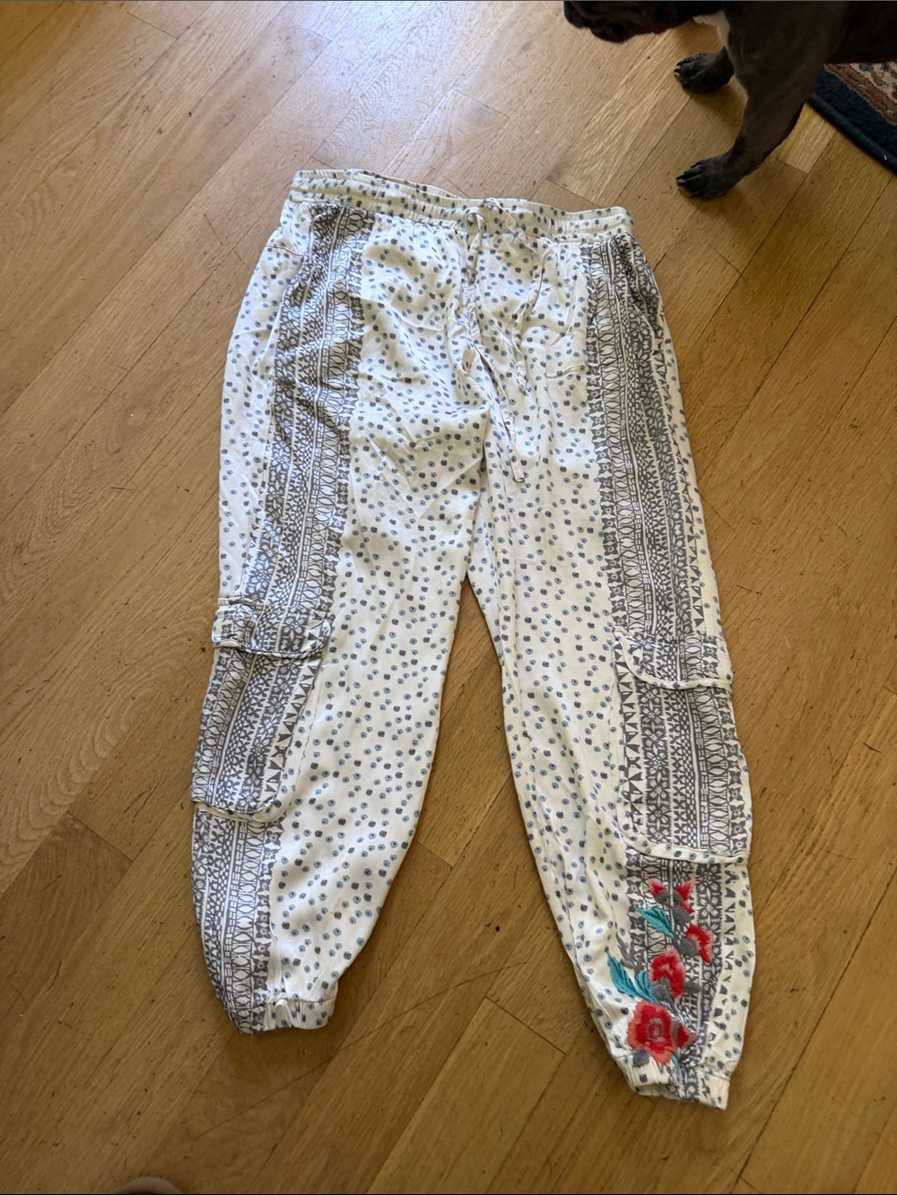 Johnny Was White Cargo Joggers with Gray Print and Red Floral Embroidery